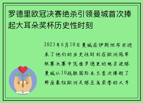 罗德里欧冠决赛绝杀引领曼城首次捧起大耳朵奖杯历史性时刻 罗德里欧冠决赛绝杀引领曼城首次捧起大耳朵奖杯历史性时刻